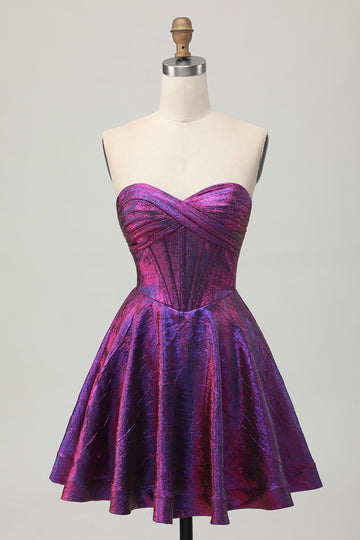 Metallic Dark Purple Strapless Corset Short Prom Dress